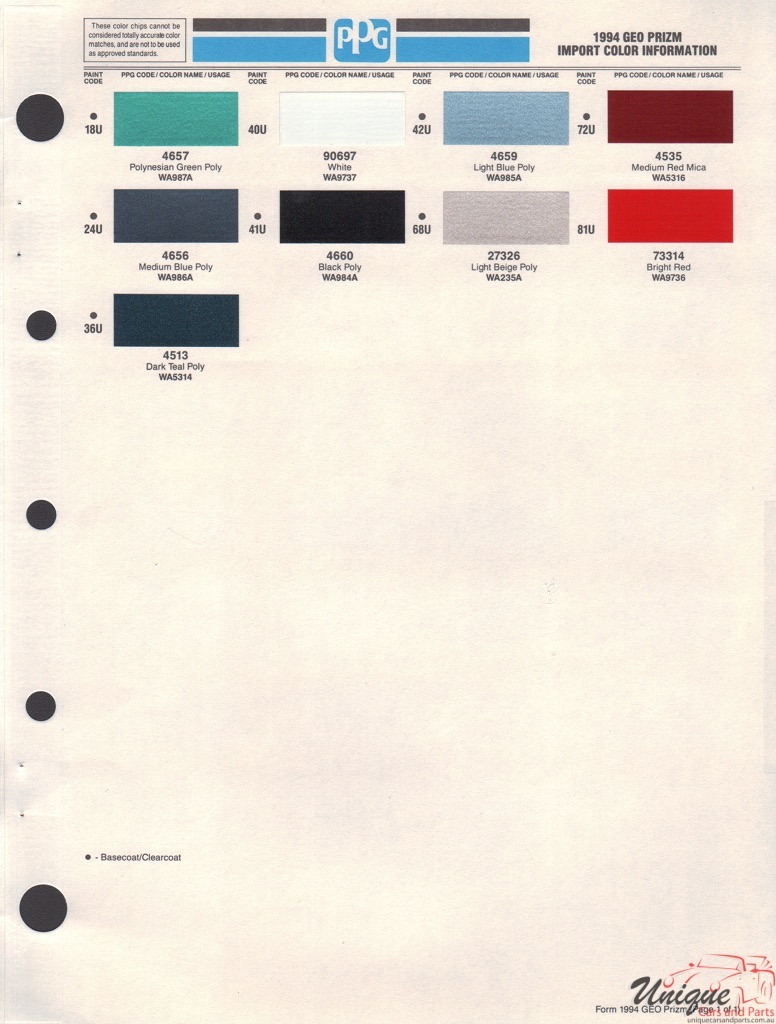 1994 GM GEO Paint Charts PPG 2